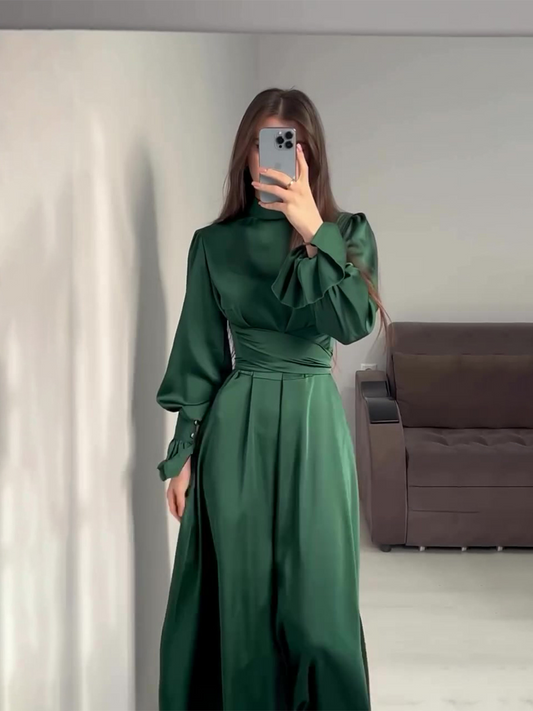 MS457#Long-sleeved belted green dress with puffy sleeves