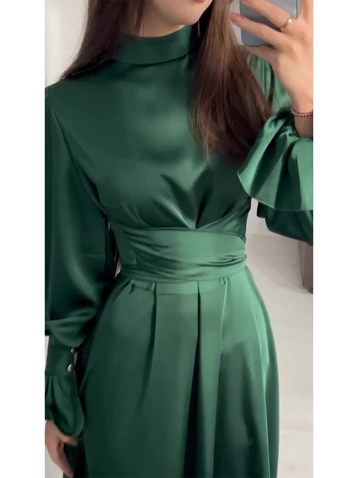 MS457#Long-sleeved belted green dress with puffy sleeves