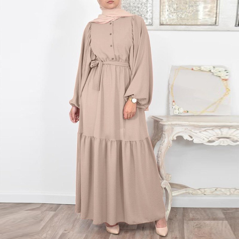 MS373#Women's Muslim shirt casual belted dress with puffed sleeves