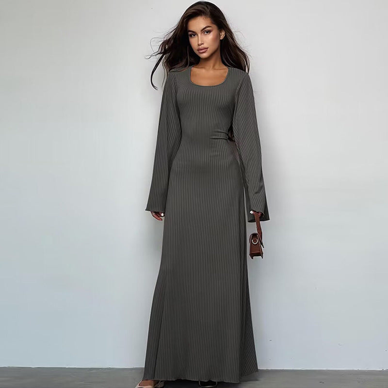 MS356#casual women's gown with slit lantern sleeves