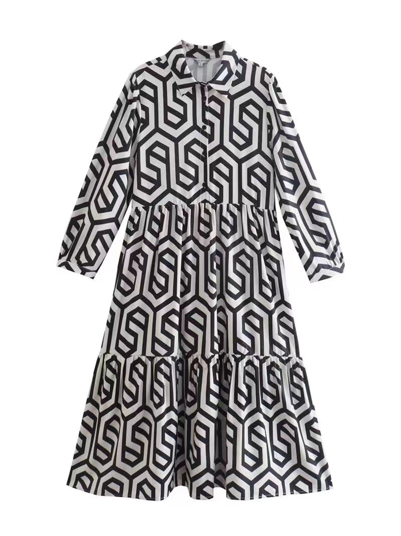 MS095#Lapel geometric print long sleeve dress