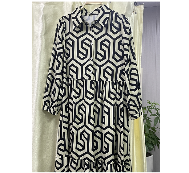 MS095#Lapel geometric print long sleeve dress