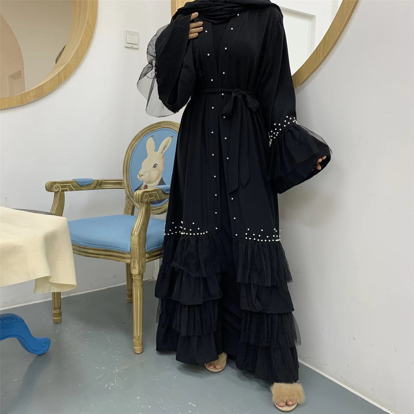 MS211#Muslim beaded mesh dress