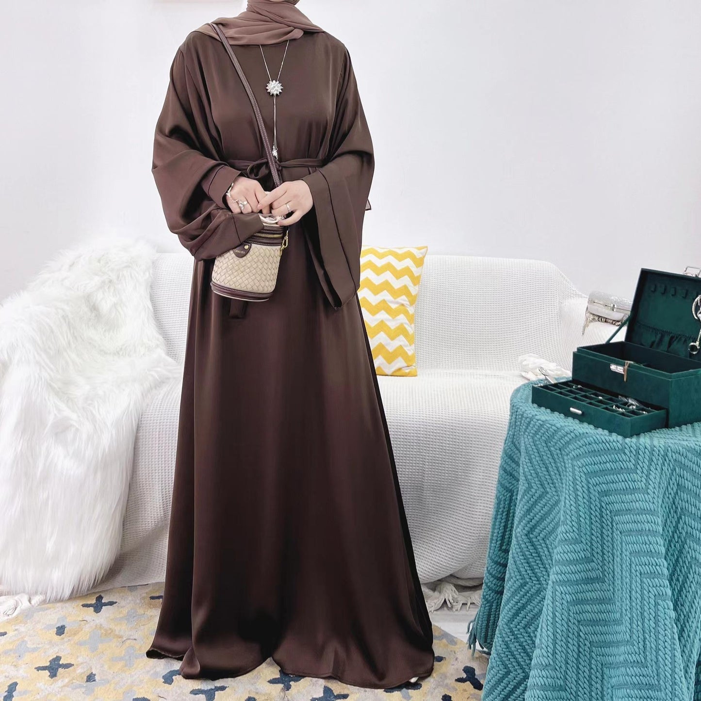 MS024#Modest fashion shiny satin abaya (No pockets) (Satin)