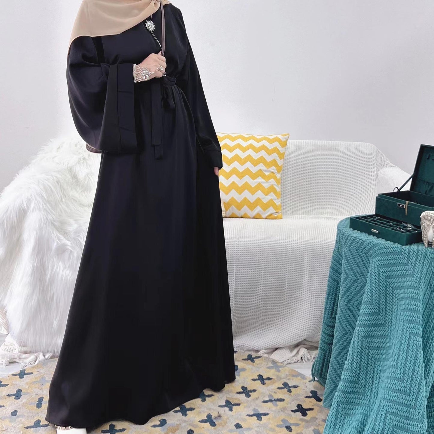 MS024#Modest fashion shiny satin abaya (No pockets) (Satin)