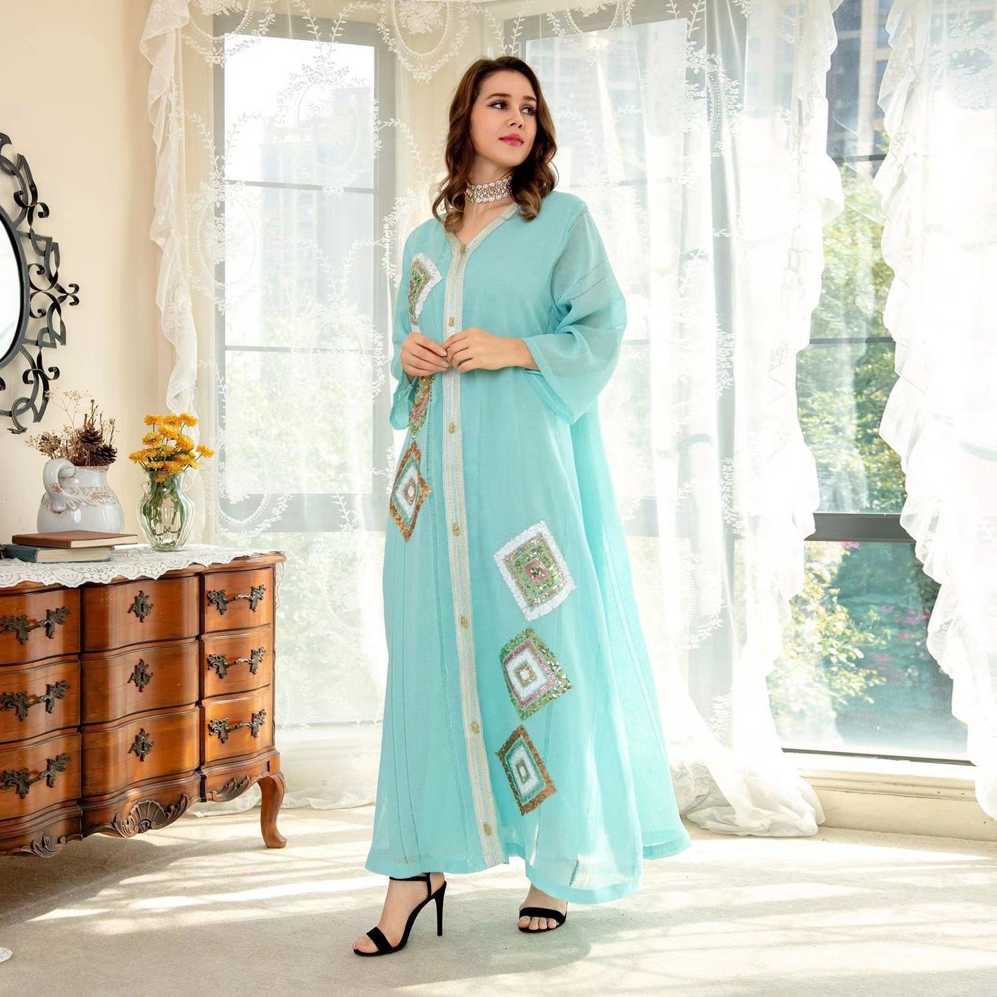 MS229#Cotton and linen embroidered dress