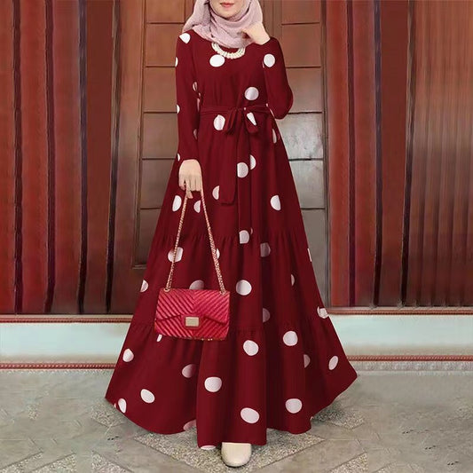 MS253#Muslim women's polka dot round neck dress