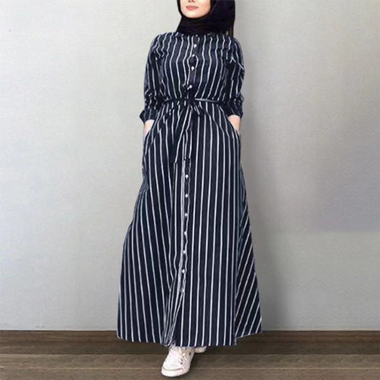 MS256#Muslim Women's Casual Stripe Shirt Dress