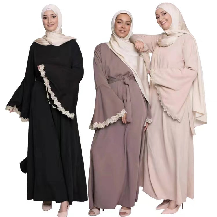 MS257#Muslim solid lace sleeve dress