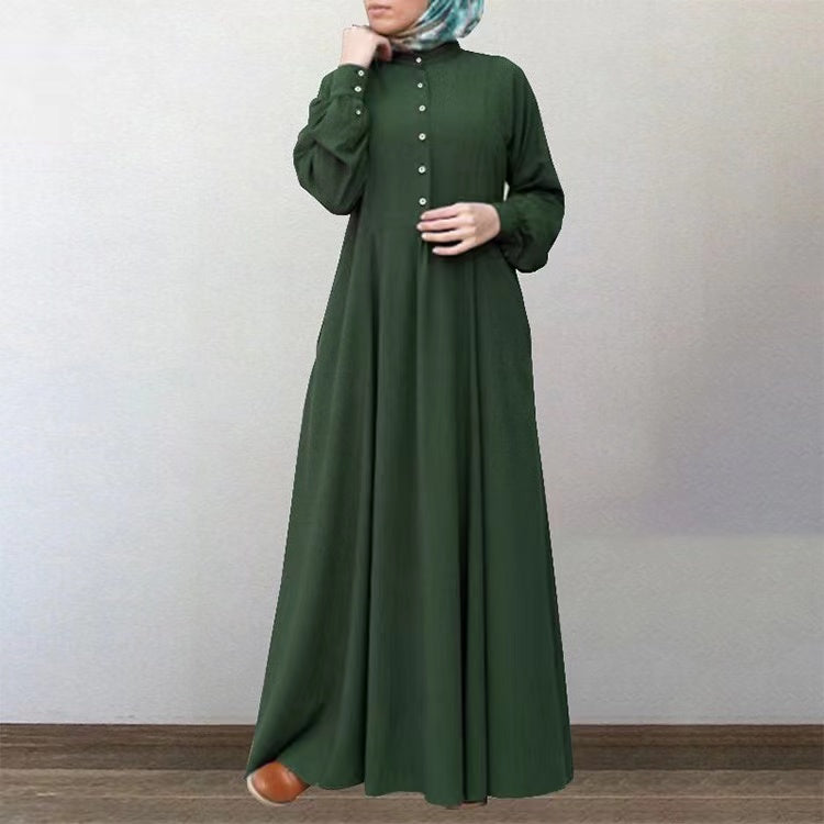 MS262#Muslim Solid Button Swing Dress